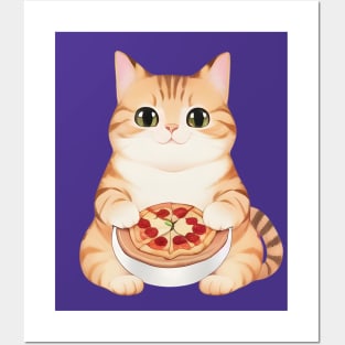 Cute Cat Holding a Pizza Posters and Art